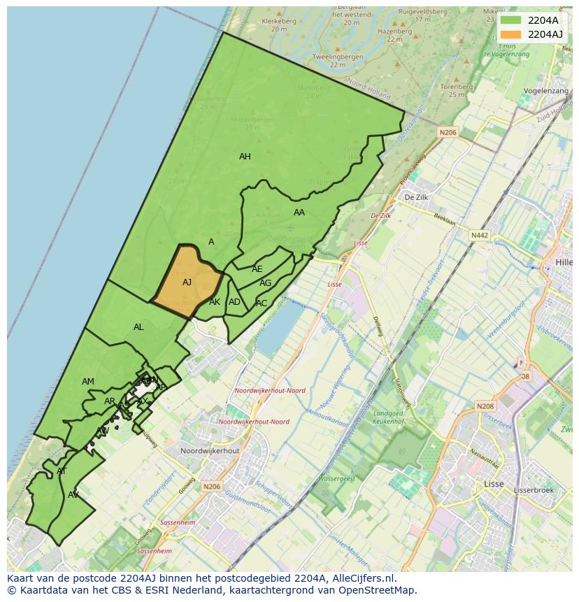 Afbeelding van het postcodegebied 2204 AJ op de kaart.