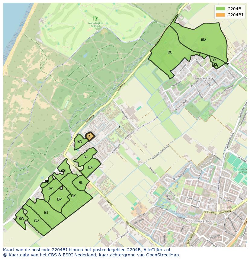 Afbeelding van het postcodegebied 2204 BJ op de kaart.