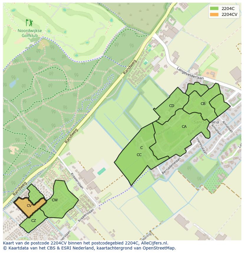 Afbeelding van het postcodegebied 2204 CV op de kaart.