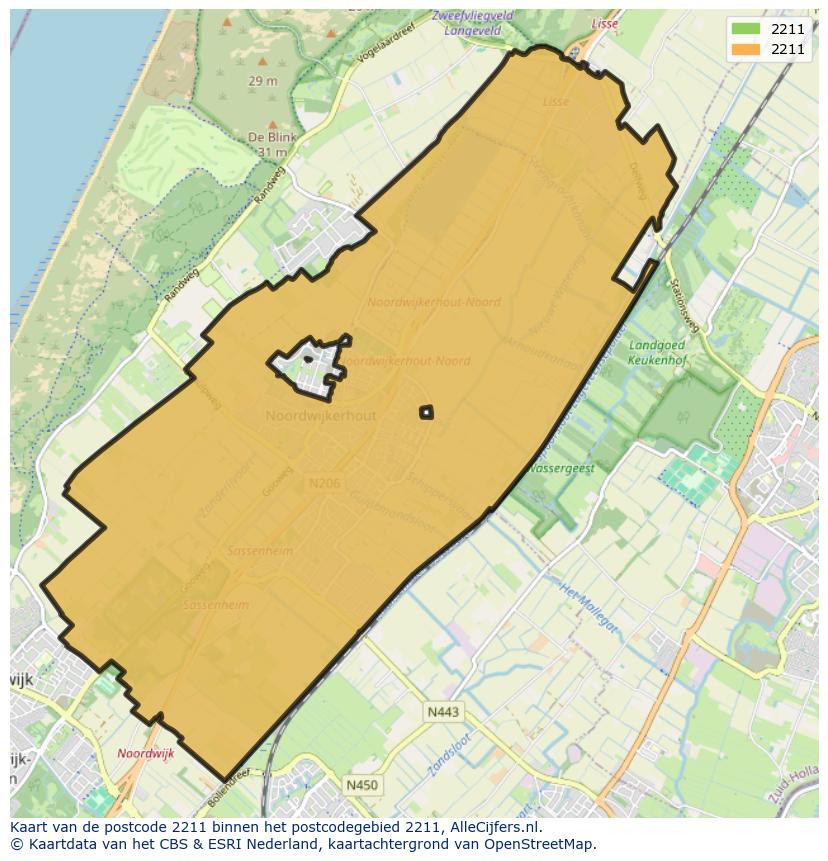 Afbeelding van het postcodegebied 2211 op de kaart.