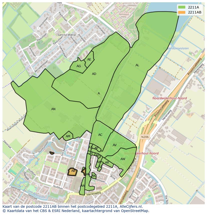 Afbeelding van het postcodegebied 2211 AB op de kaart.