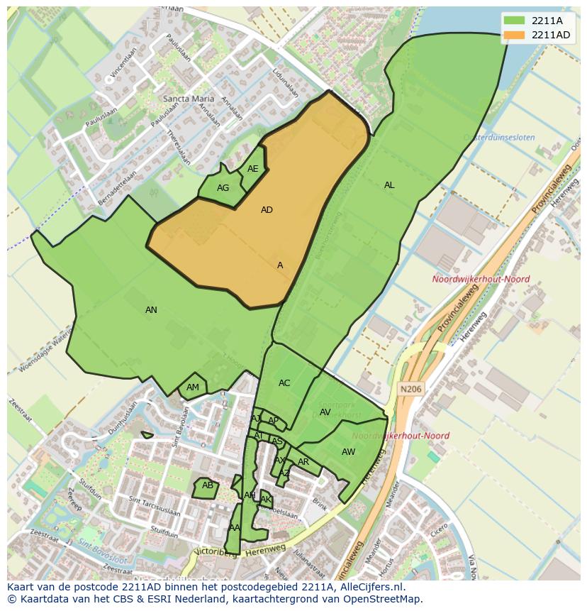 Afbeelding van het postcodegebied 2211 AD op de kaart.