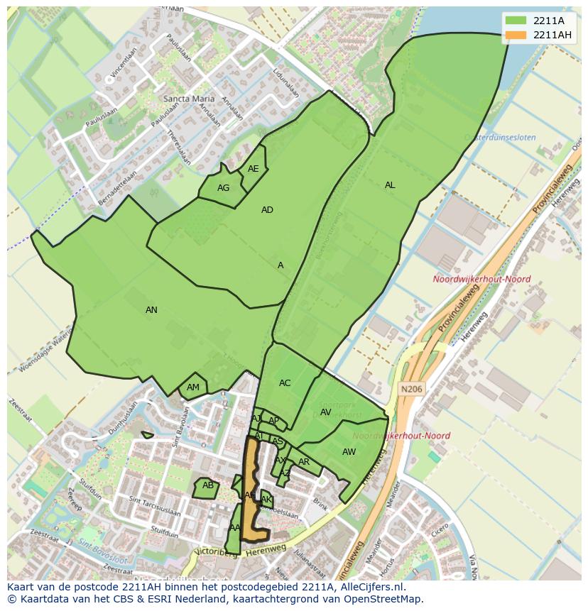 Afbeelding van het postcodegebied 2211 AH op de kaart.