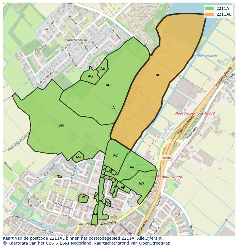 Afbeelding van het postcodegebied 2211 AL op de kaart.