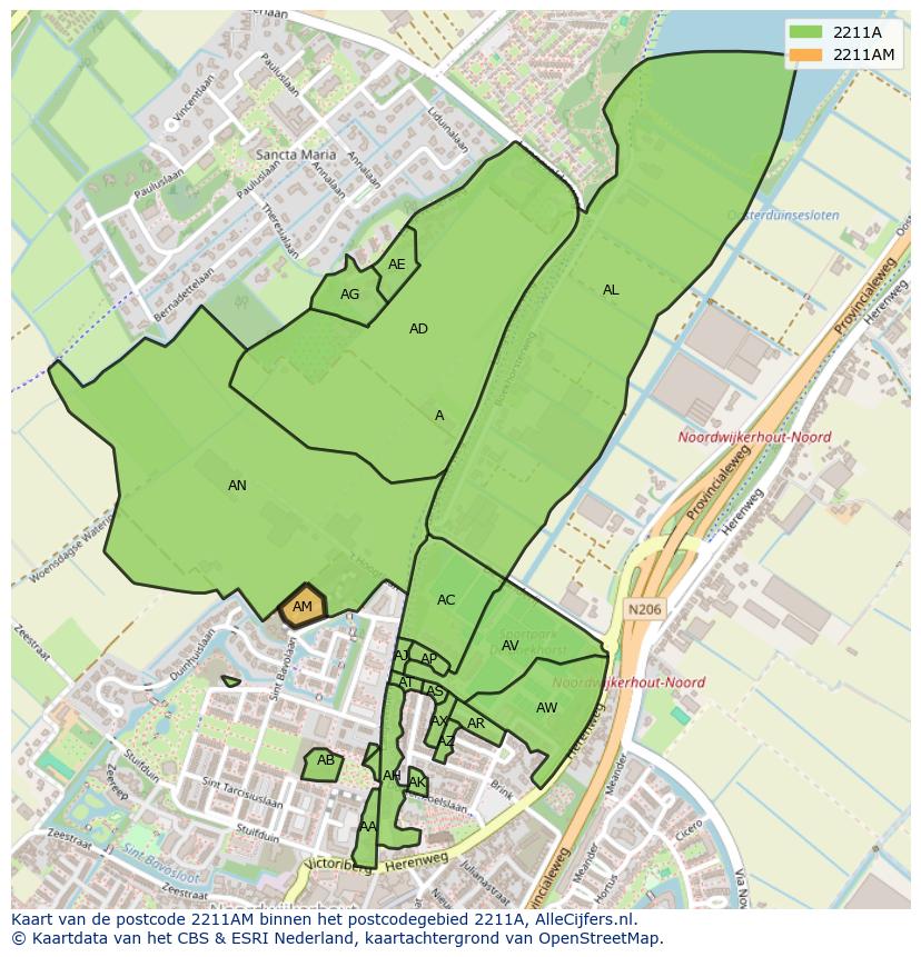 Afbeelding van het postcodegebied 2211 AM op de kaart.