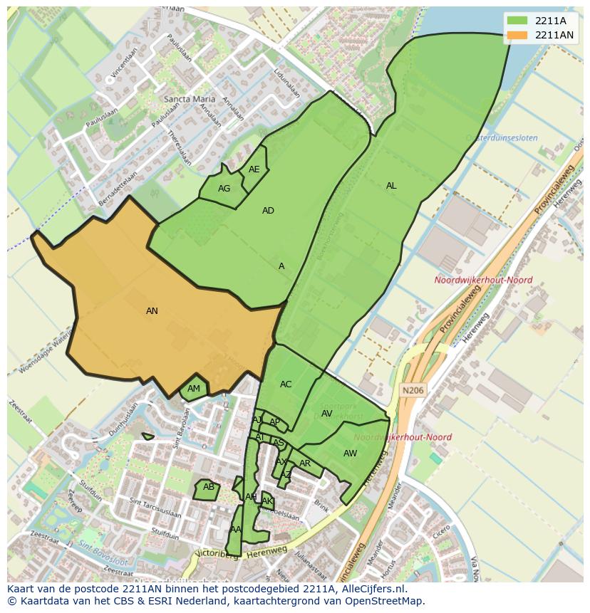 Afbeelding van het postcodegebied 2211 AN op de kaart.