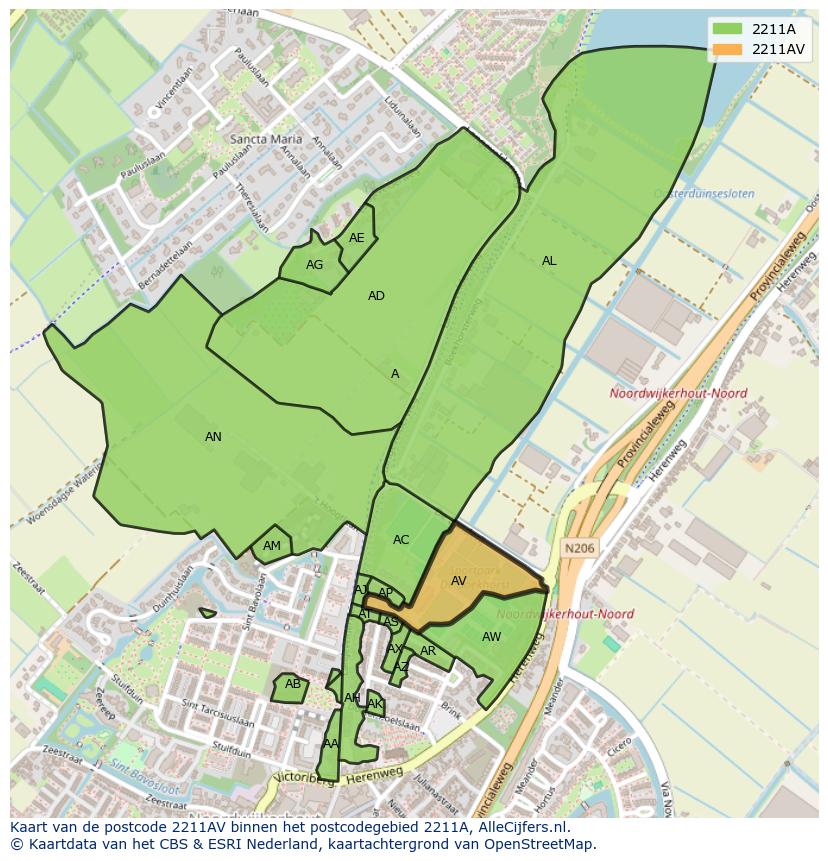 Afbeelding van het postcodegebied 2211 AV op de kaart.