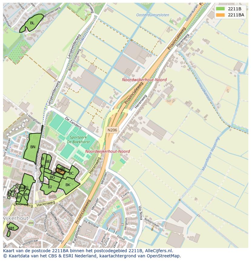 Afbeelding van het postcodegebied 2211 BA op de kaart.