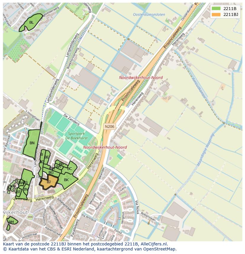 Afbeelding van het postcodegebied 2211 BJ op de kaart.