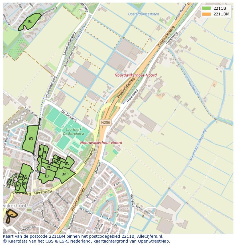Afbeelding van het postcodegebied 2211 BM op de kaart.