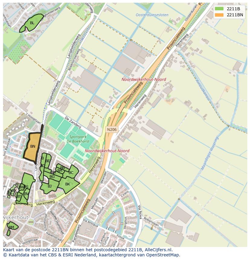 Afbeelding van het postcodegebied 2211 BN op de kaart.