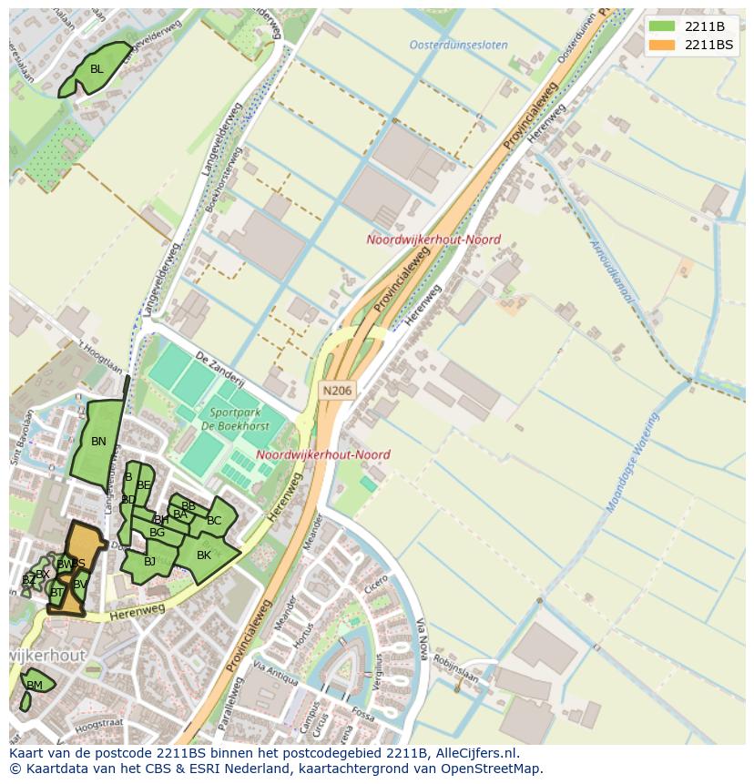 Afbeelding van het postcodegebied 2211 BS op de kaart.