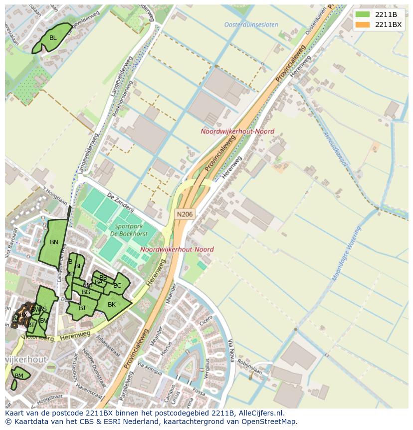 Afbeelding van het postcodegebied 2211 BX op de kaart.