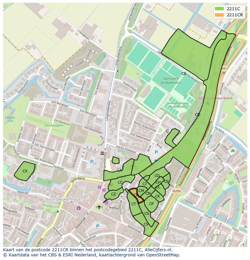 Afbeelding van het postcodegebied 2211 CR op de kaart.