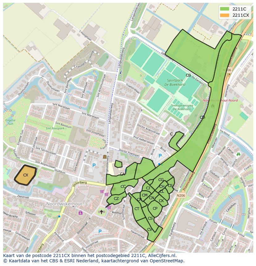 Afbeelding van het postcodegebied 2211 CX op de kaart.