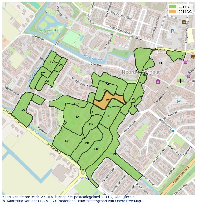 Afbeelding van het postcodegebied 2211 DC op de kaart.