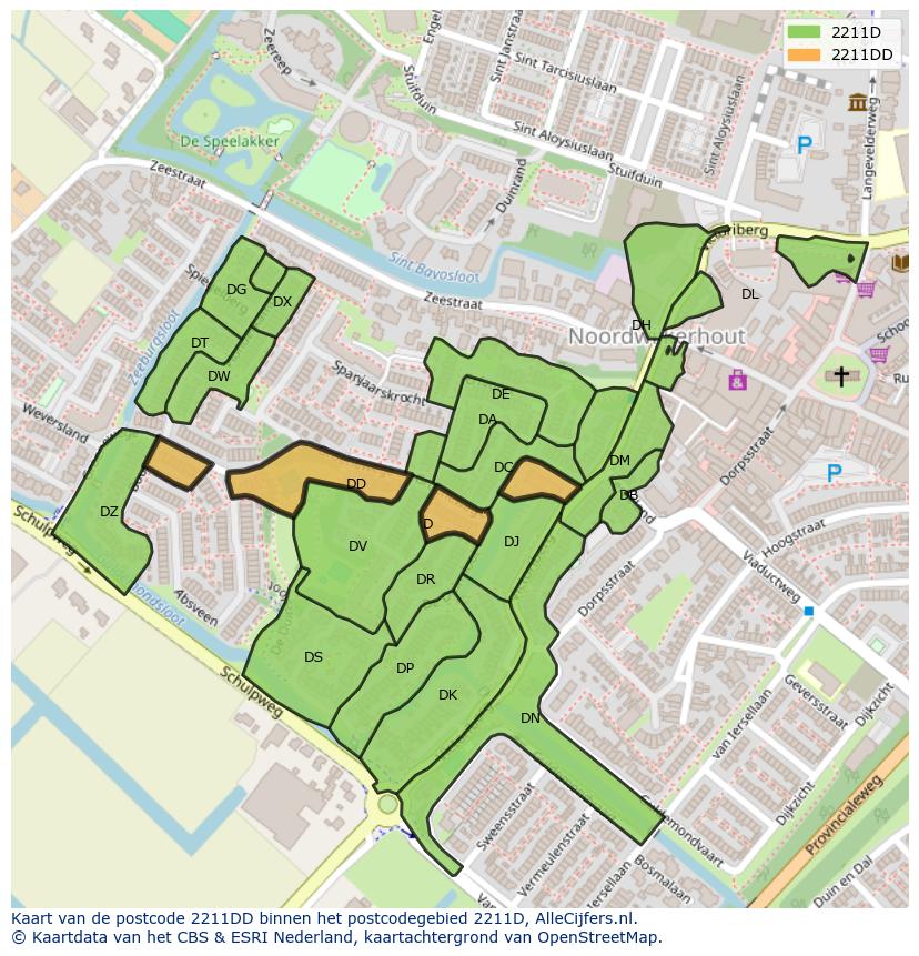 Afbeelding van het postcodegebied 2211 DD op de kaart.