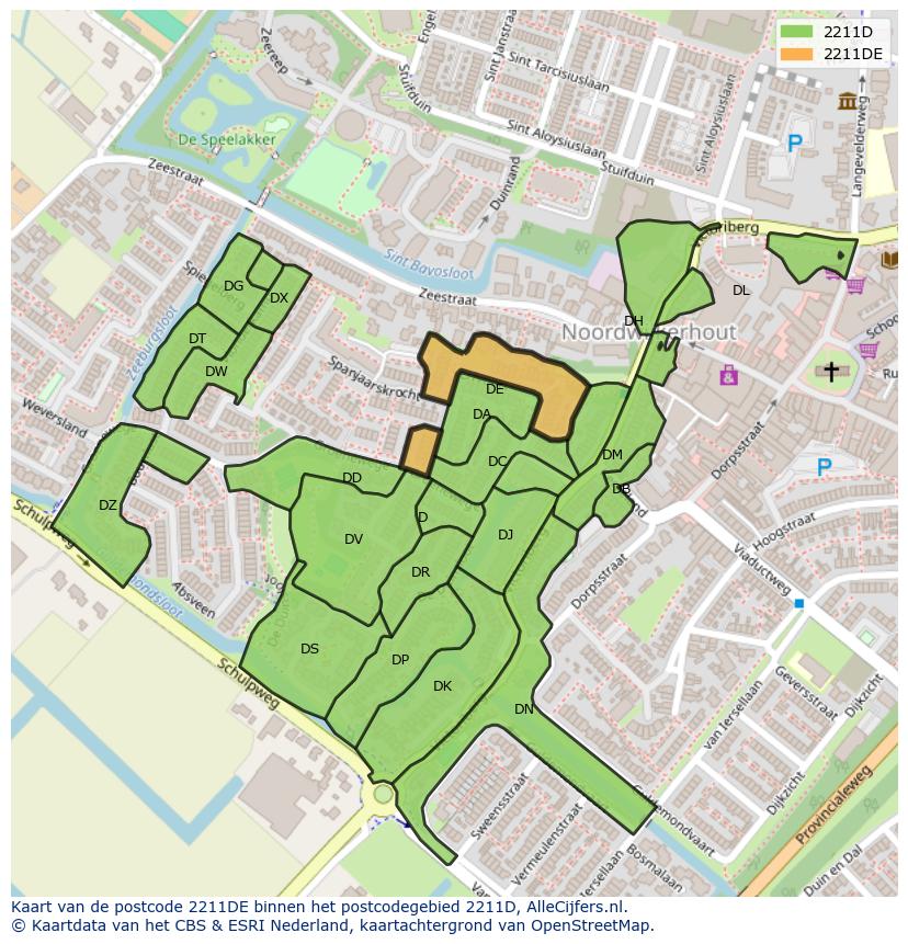 Afbeelding van het postcodegebied 2211 DE op de kaart.
