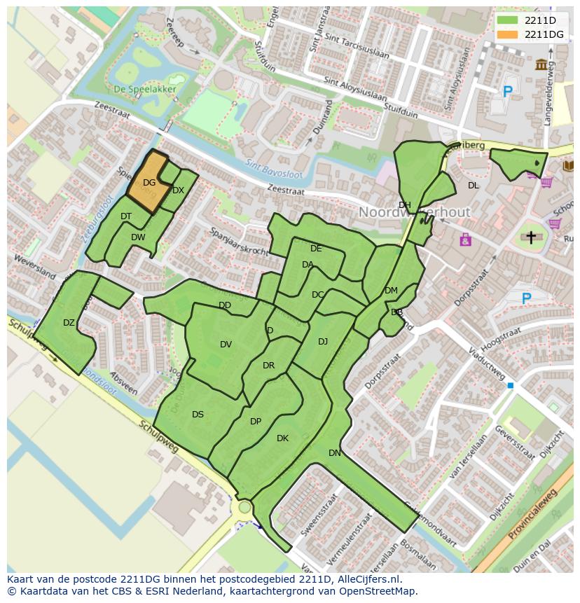 Afbeelding van het postcodegebied 2211 DG op de kaart.