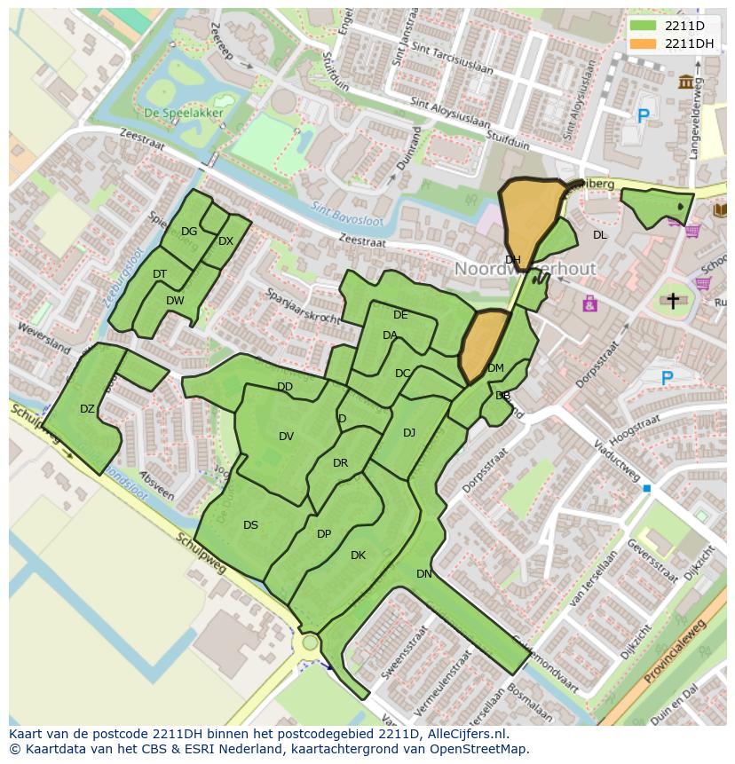 Afbeelding van het postcodegebied 2211 DH op de kaart.