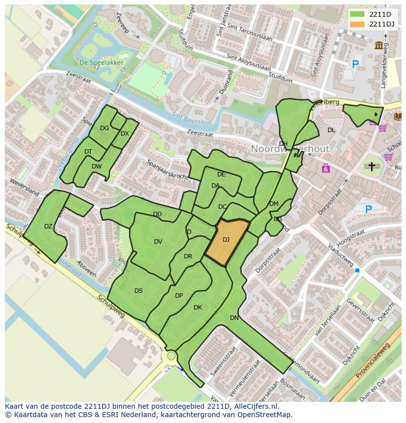 Afbeelding van het postcodegebied 2211 DJ op de kaart.
