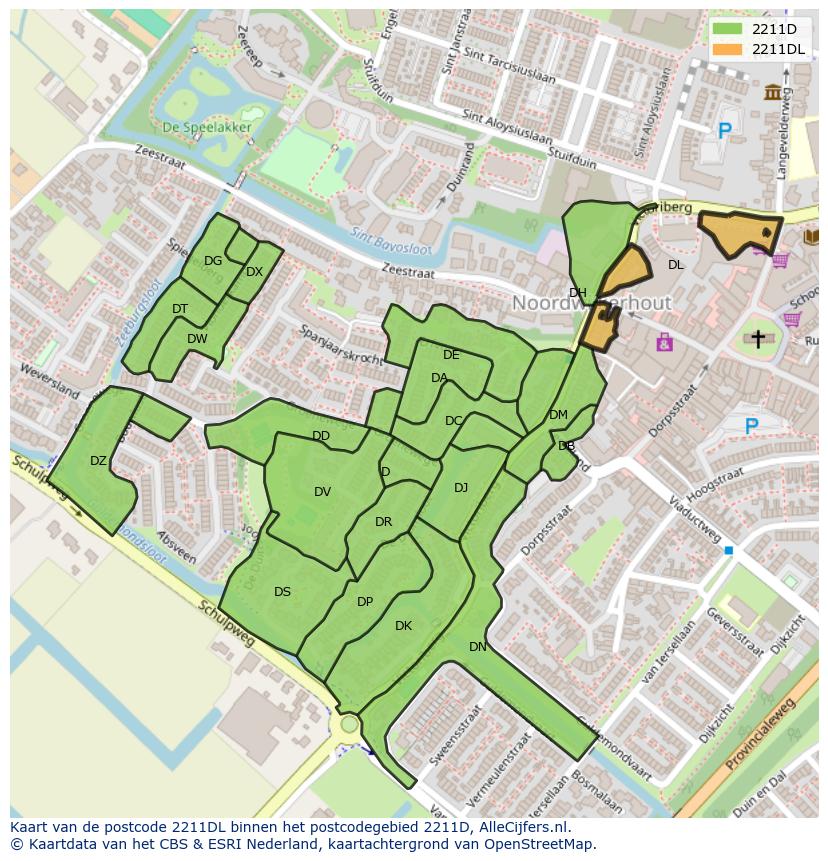 Afbeelding van het postcodegebied 2211 DL op de kaart.