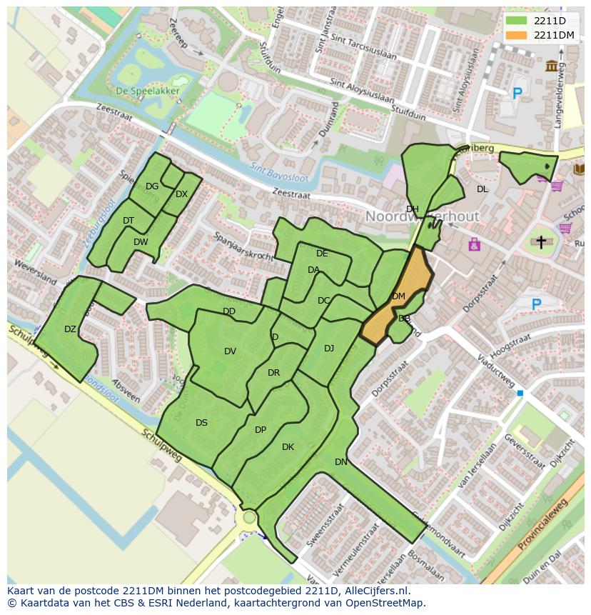 Afbeelding van het postcodegebied 2211 DM op de kaart.