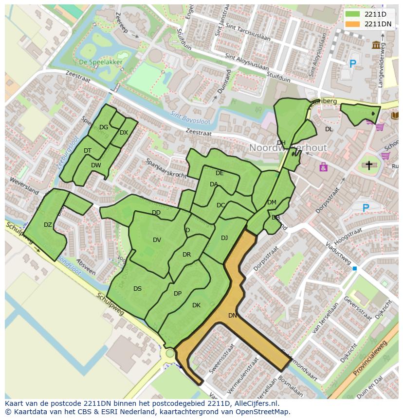 Afbeelding van het postcodegebied 2211 DN op de kaart.