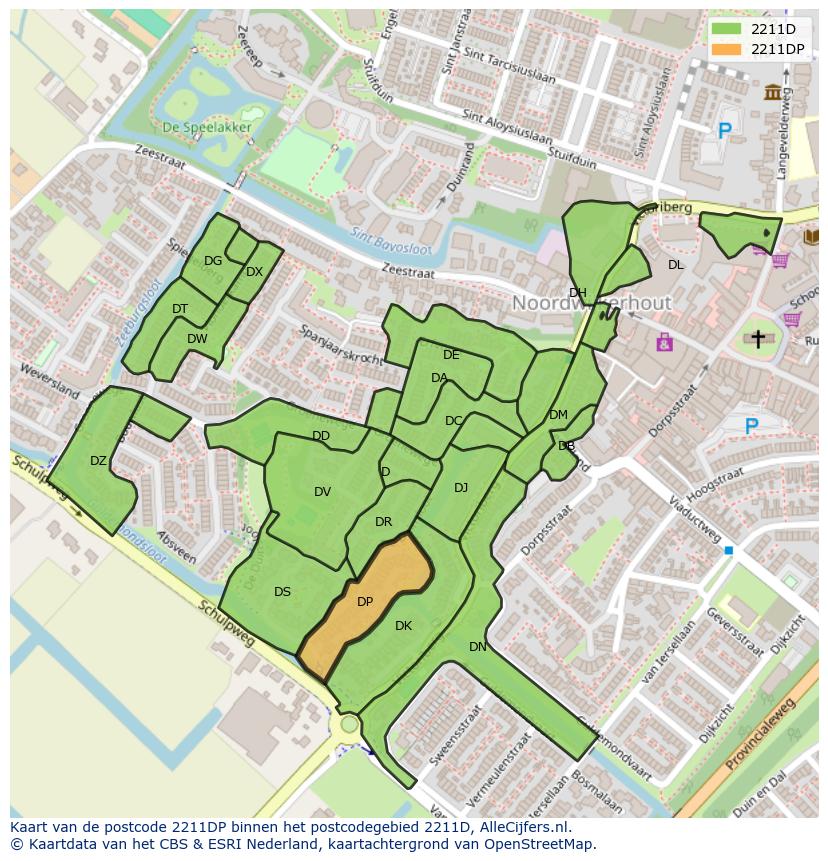 Afbeelding van het postcodegebied 2211 DP op de kaart.