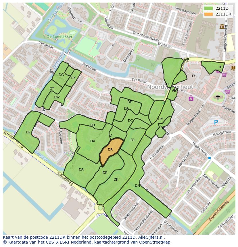 Afbeelding van het postcodegebied 2211 DR op de kaart.
