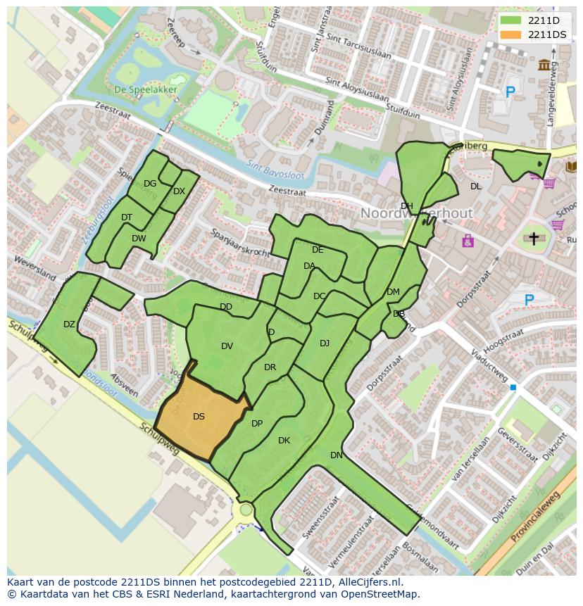 Afbeelding van het postcodegebied 2211 DS op de kaart.