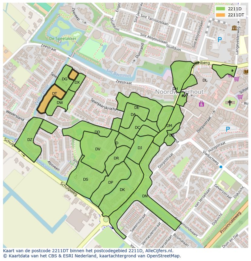 Afbeelding van het postcodegebied 2211 DT op de kaart.