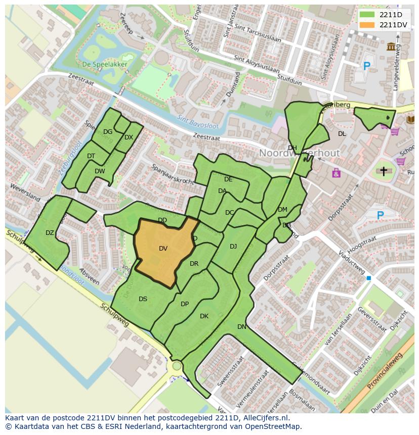 Afbeelding van het postcodegebied 2211 DV op de kaart.