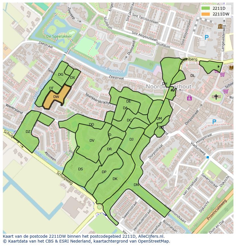 Afbeelding van het postcodegebied 2211 DW op de kaart.