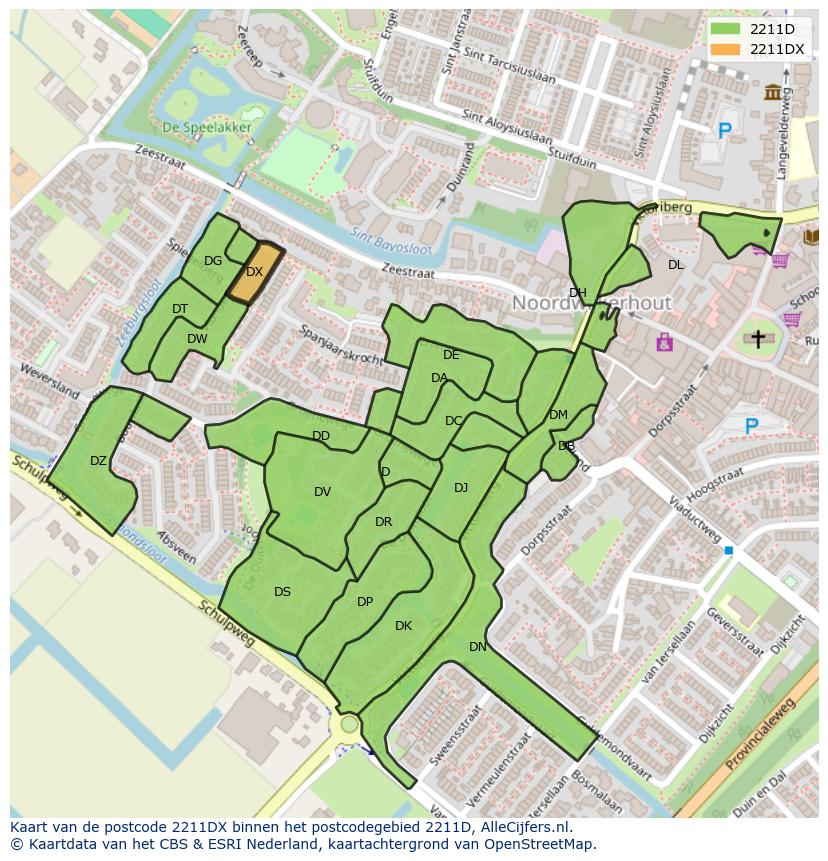 Afbeelding van het postcodegebied 2211 DX op de kaart.
