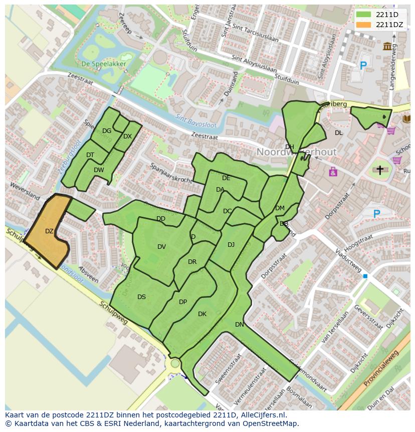 Afbeelding van het postcodegebied 2211 DZ op de kaart.