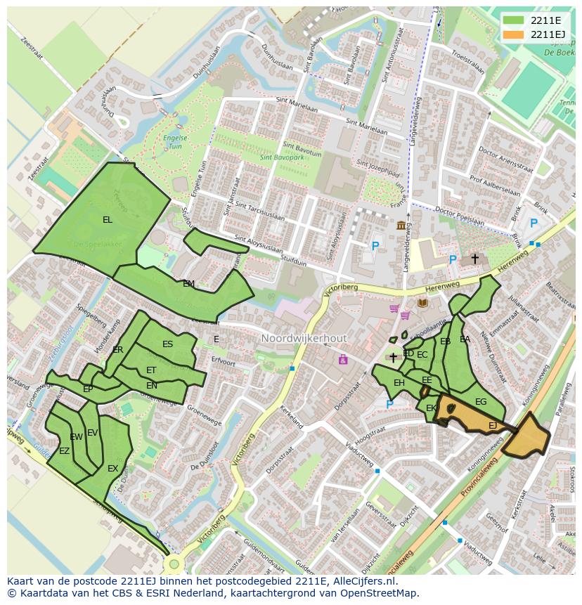 Afbeelding van het postcodegebied 2211 EJ op de kaart.