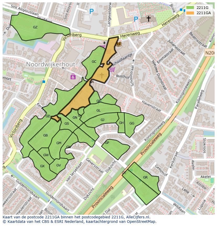 Afbeelding van het postcodegebied 2211 GA op de kaart.