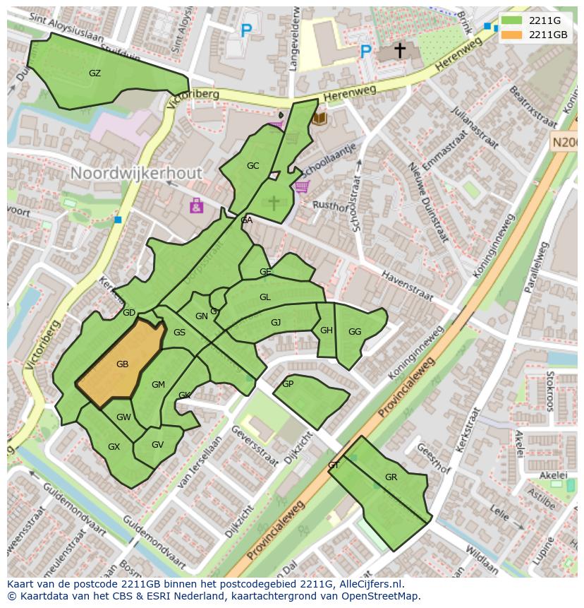 Afbeelding van het postcodegebied 2211 GB op de kaart.
