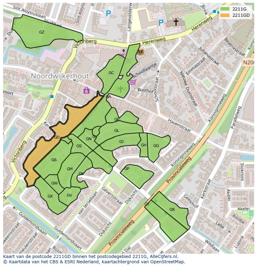 Afbeelding van het postcodegebied 2211 GD op de kaart.