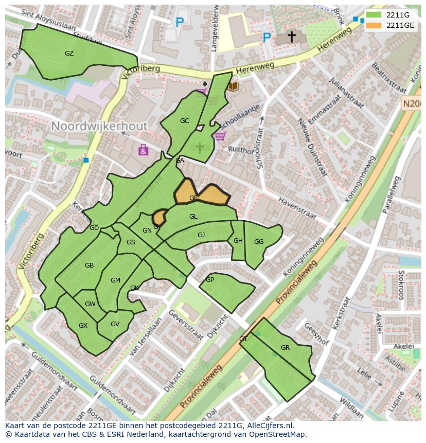 Afbeelding van het postcodegebied 2211 GE op de kaart.