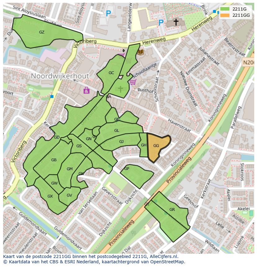 Afbeelding van het postcodegebied 2211 GG op de kaart.