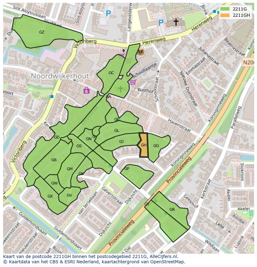 Afbeelding van het postcodegebied 2211 GH op de kaart.
