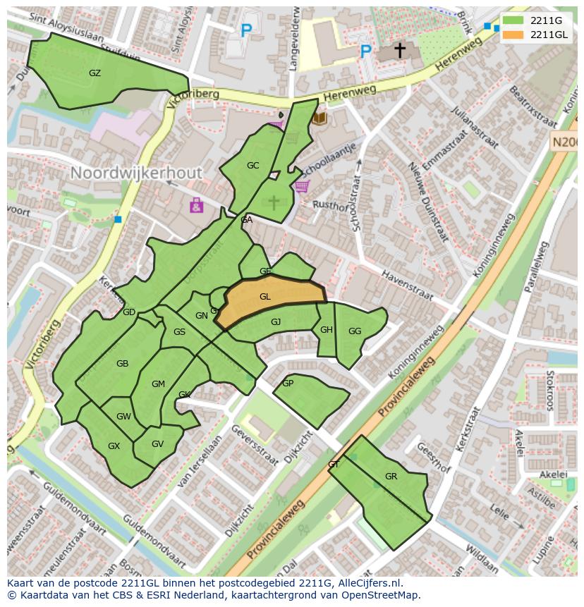 Afbeelding van het postcodegebied 2211 GL op de kaart.
