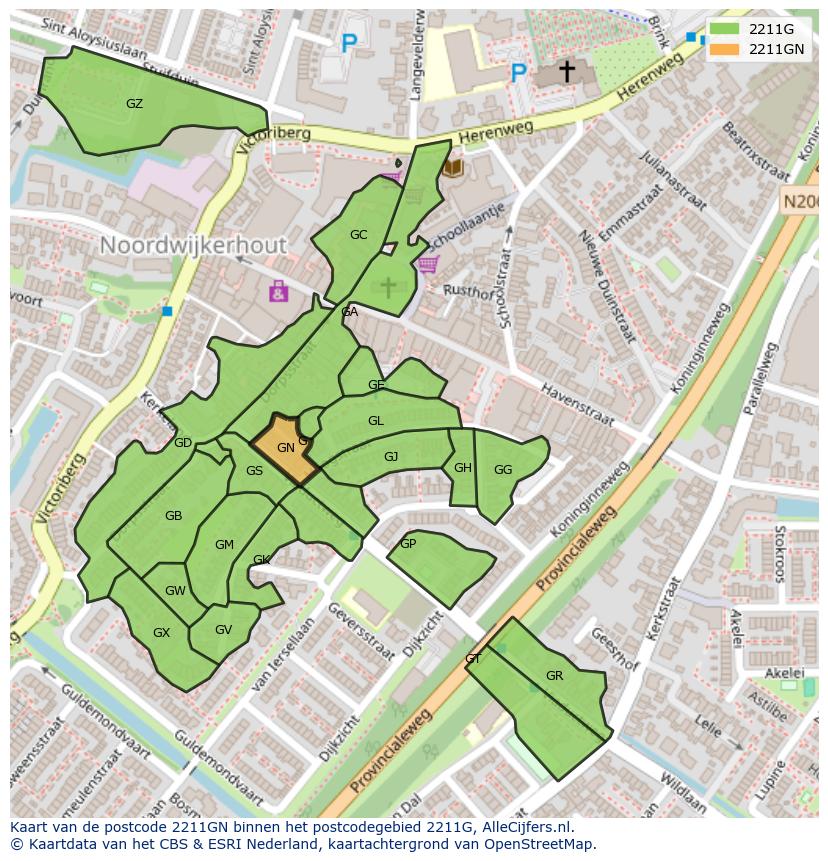 Afbeelding van het postcodegebied 2211 GN op de kaart.