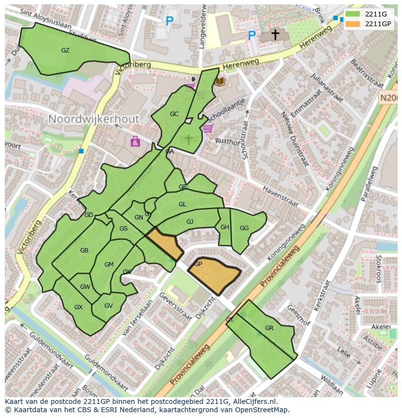 Afbeelding van het postcodegebied 2211 GP op de kaart.