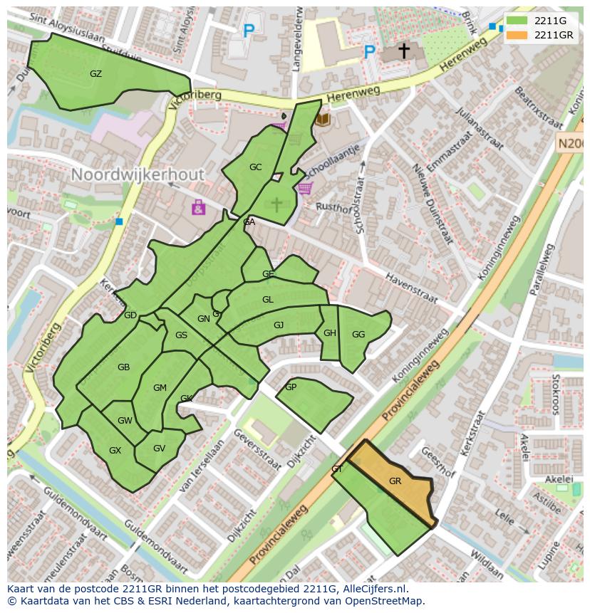 Afbeelding van het postcodegebied 2211 GR op de kaart.