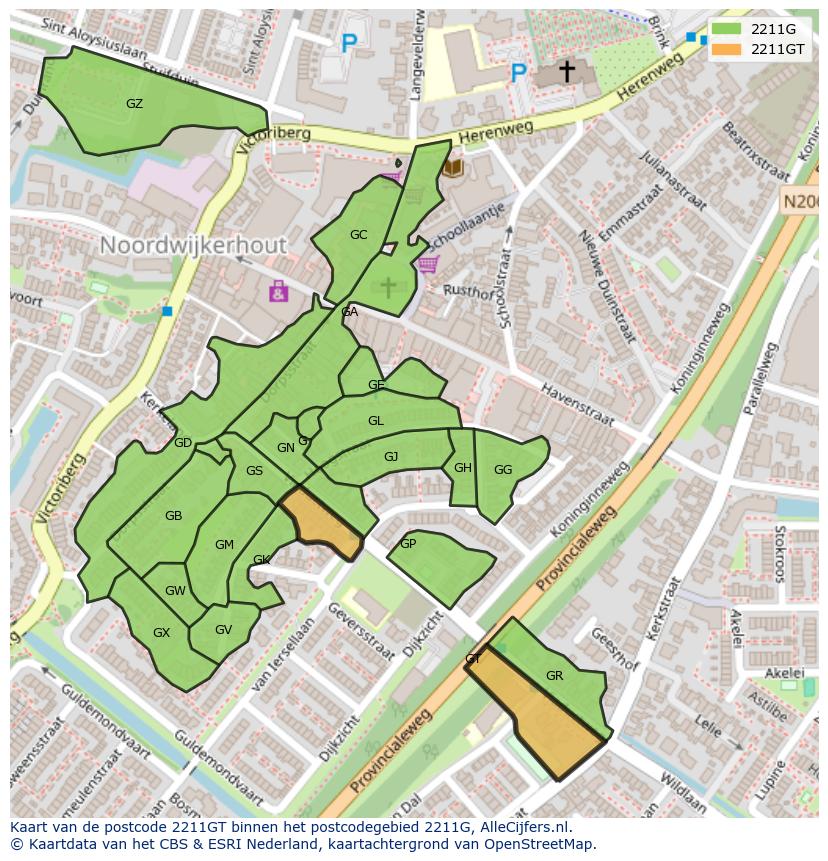 Afbeelding van het postcodegebied 2211 GT op de kaart.