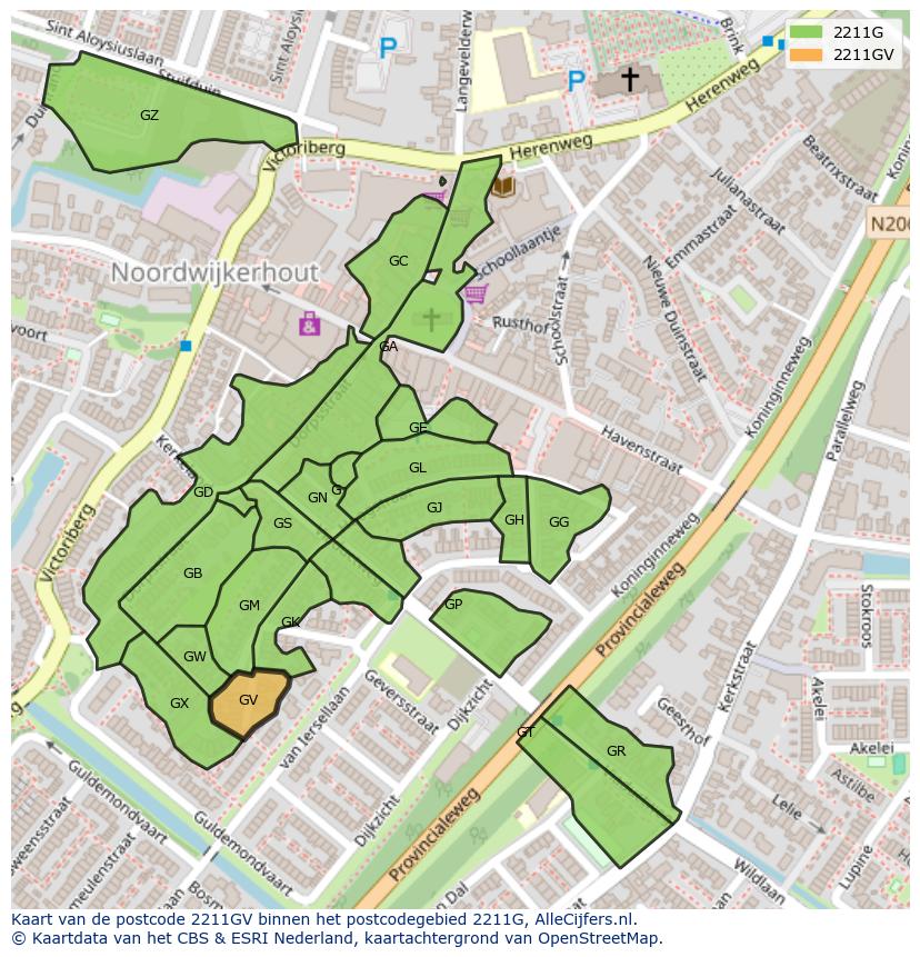 Afbeelding van het postcodegebied 2211 GV op de kaart.