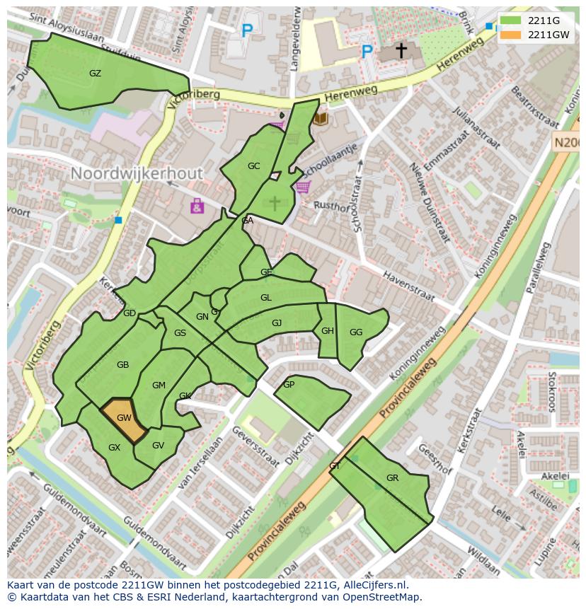 Afbeelding van het postcodegebied 2211 GW op de kaart.